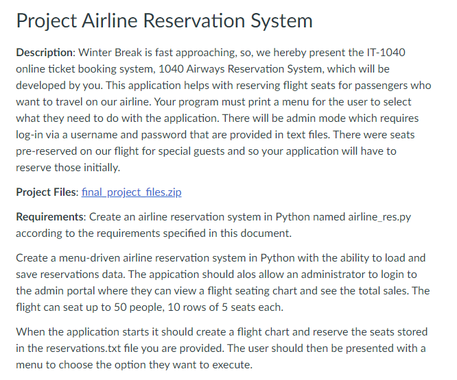 Solved Project Airline Reservation System Description: | Chegg.com