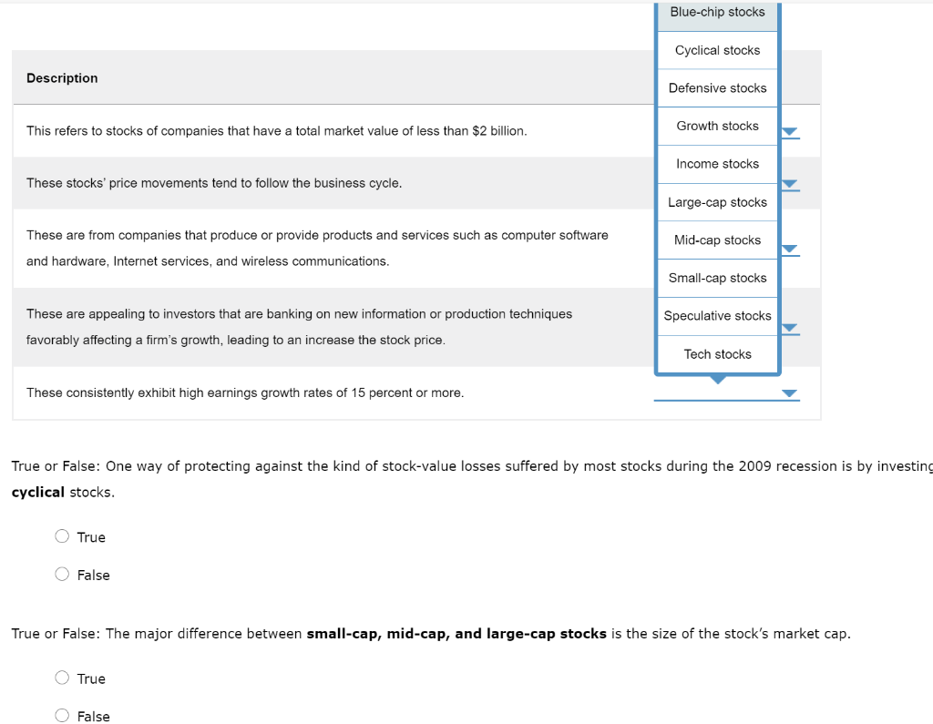 Solved Blue-chip Stocks Cyclical Stocks Description | Chegg.com