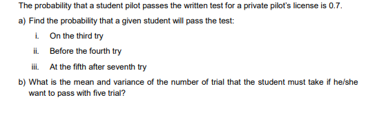 Solved The probability that a student pilot passes the | Chegg.com