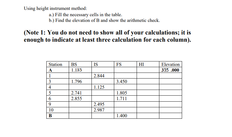 Solved Using height instrument method: a.) Fill the | Chegg.com