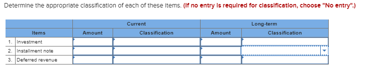 Determine the appropriate classification of each of these items. (if no entry is required for classification, choose no entr