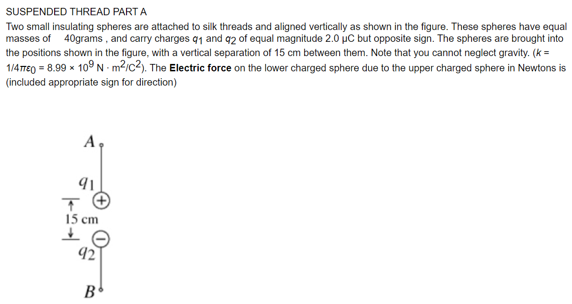 Solved SUSPENDED THREAD PART A Two small insulating spheres | Chegg.com