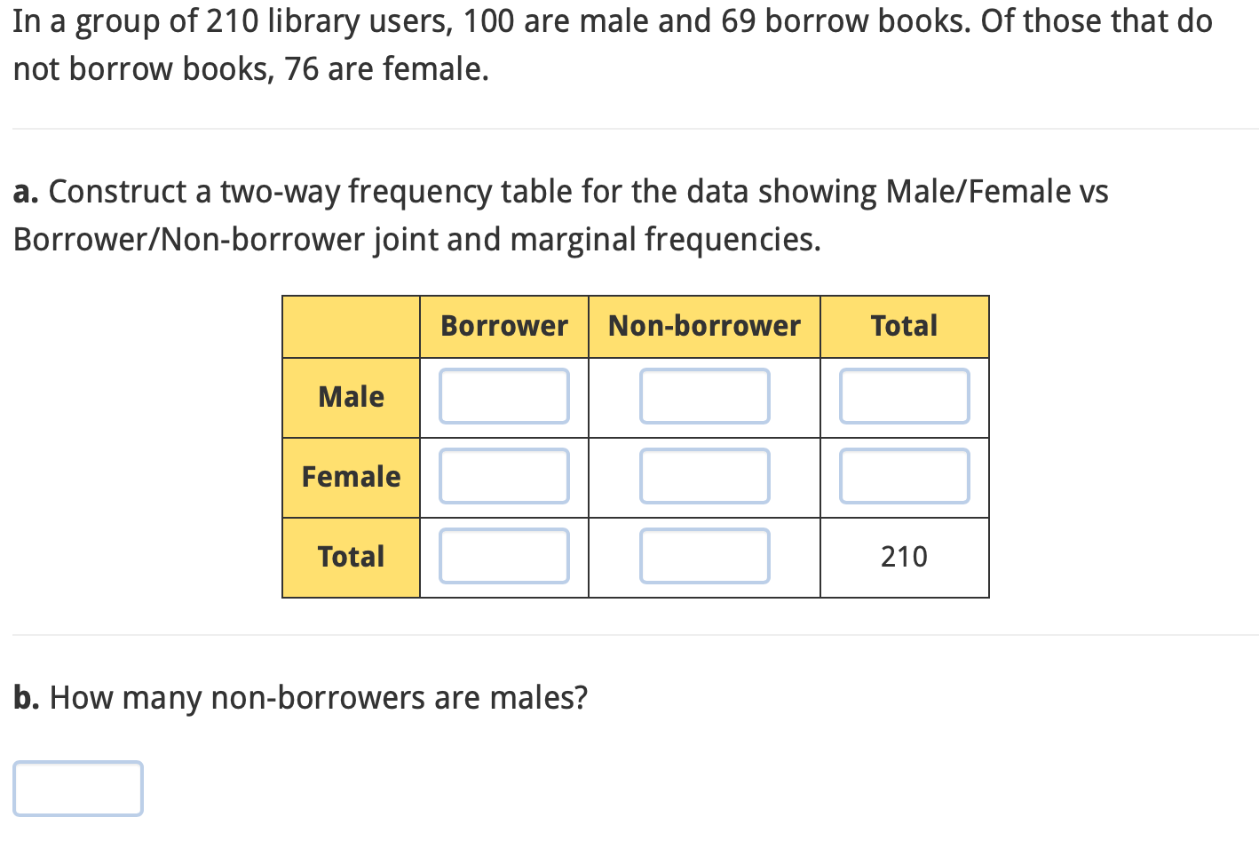 Solved In a group of 210 library users, 100 are male and 69 | Chegg.com