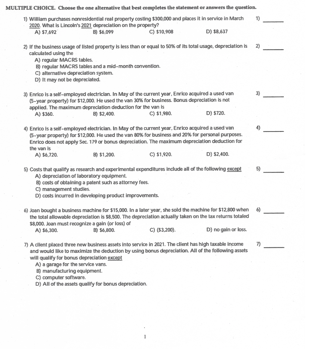 Solved MULTIPLE CHOICE. Choose the one alternative that best | Chegg.com