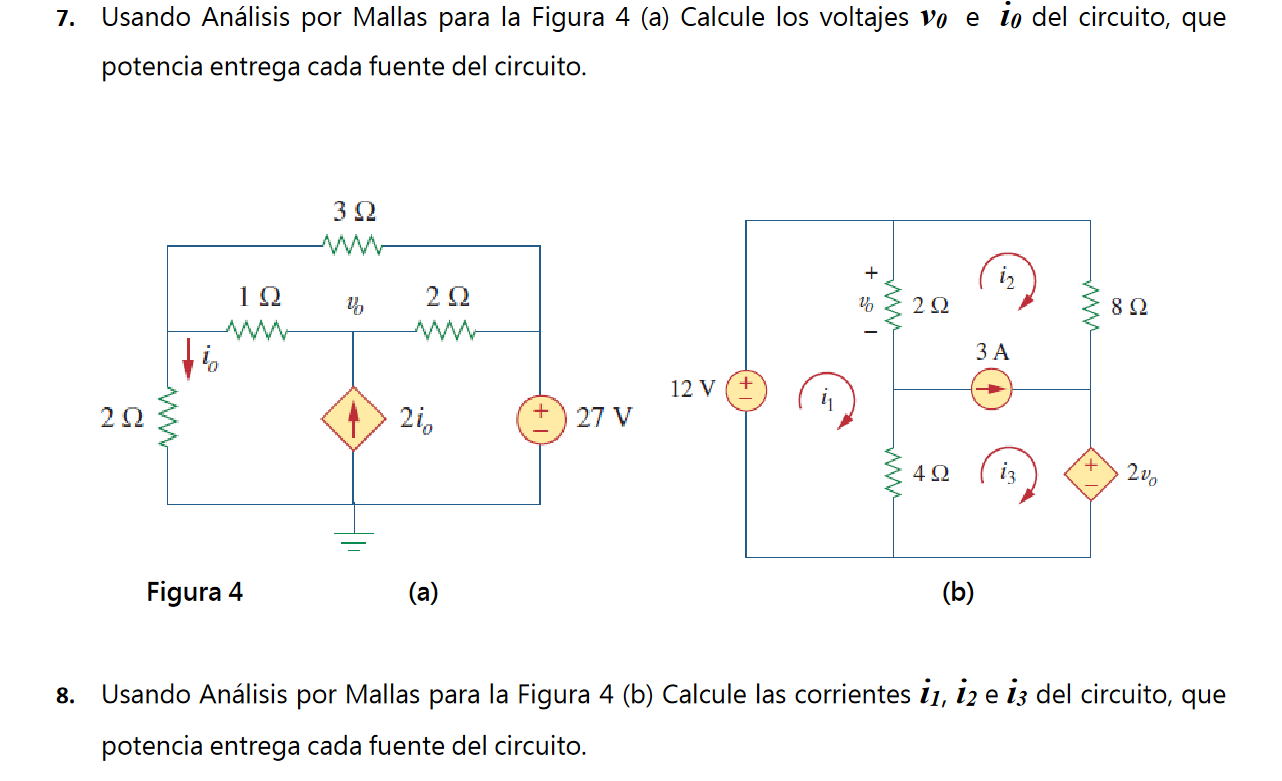 7. Usando Análisis por Mallas para la Figura 4 (a) Calcule los voltajes \( \boldsymbol{v}_{\boldsymbol{0}} \) e \( \boldsymbo