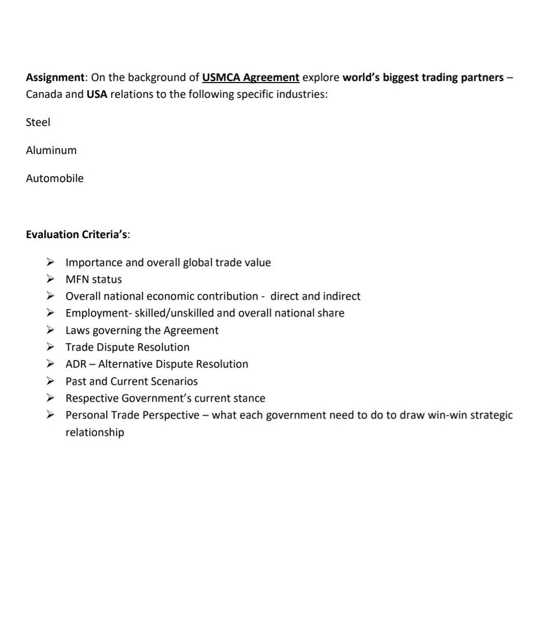 Assignment On the background of USMCA Agreement