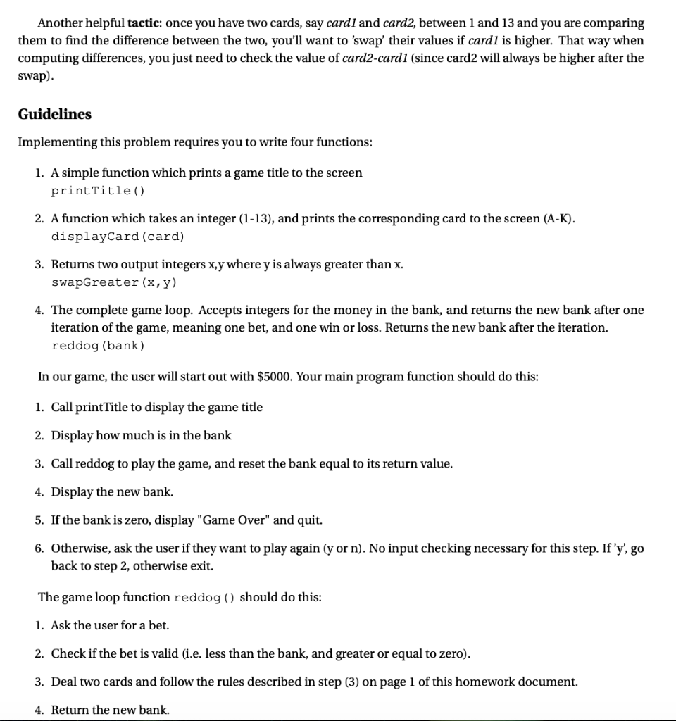 Solved Problem 1 Red Dog (Points: 100/100) We will be | Chegg.com