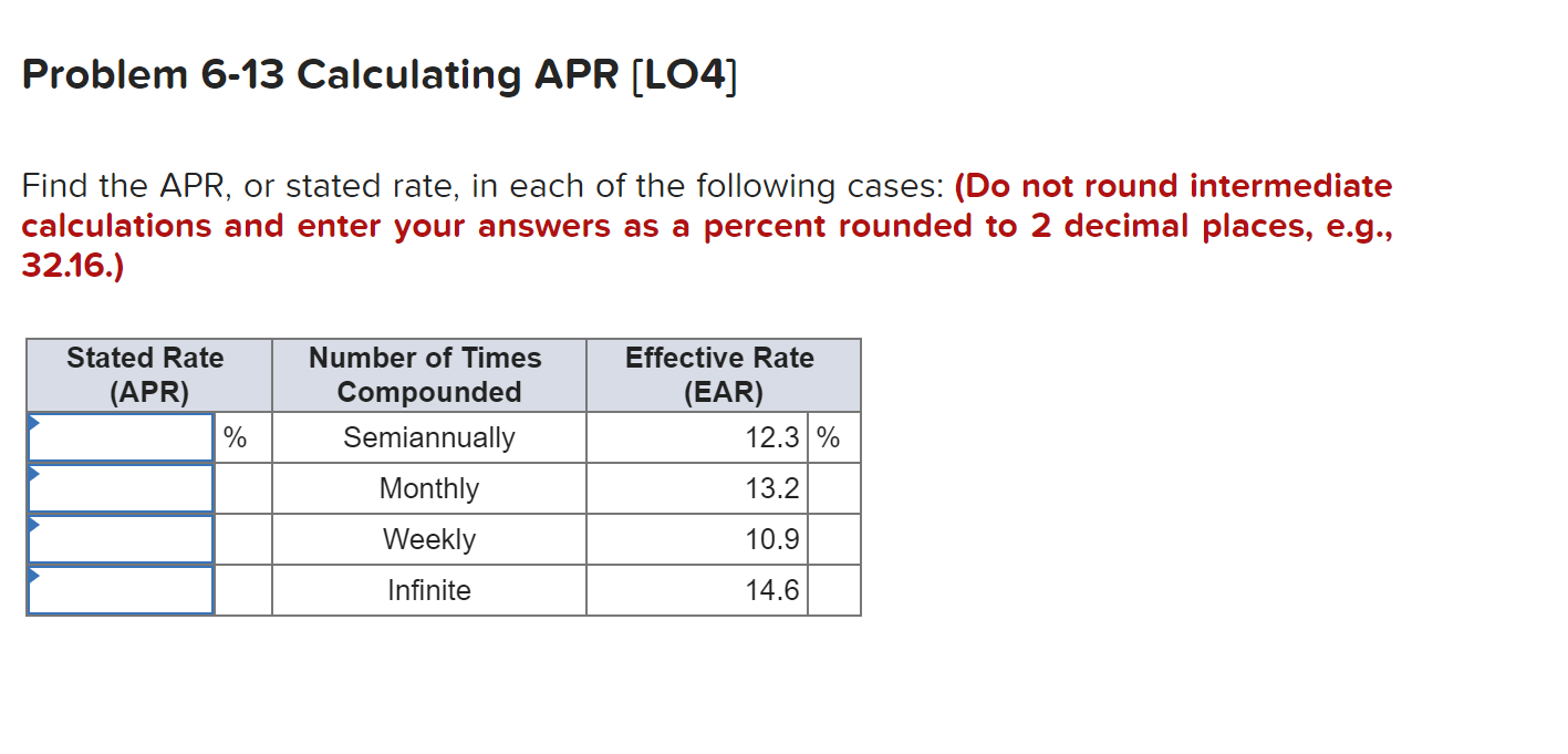 Solved Problem 6-13 Calculating APR (LO4] Find the APR, or | Chegg.com