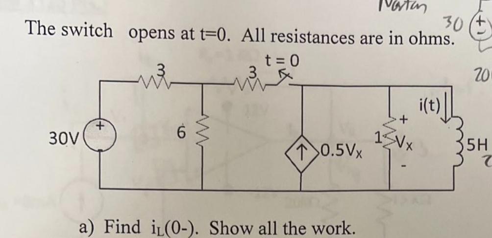 Solved The switch opens up at t = 0. Find i(t) for t >0 | Chegg.com