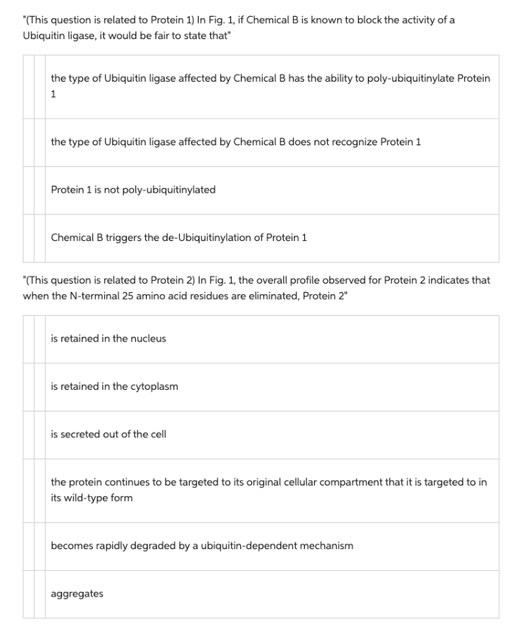 (This question is related to Protein 1) In Fig. 1, if Chemical B is known to block the activity of a Ubiquitin ligase, it wo