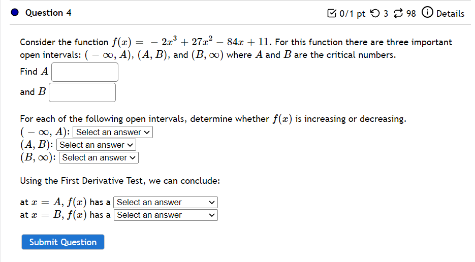 Solved Consider the function f ( x ) = − 2 x 3 + 27 x 2 − 84 | Chegg.com
