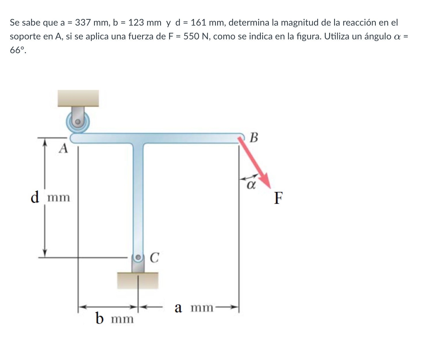 Se sabe que \( a=337 \mathrm{~mm}, \mathrm{~b}=123 \mathrm{~mm} \) y \( \mathrm{d}=161 \mathrm{~mm} \), determina la magnitud