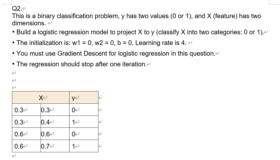 Solved Q2. This is a binary classification problem, y has | Chegg.com