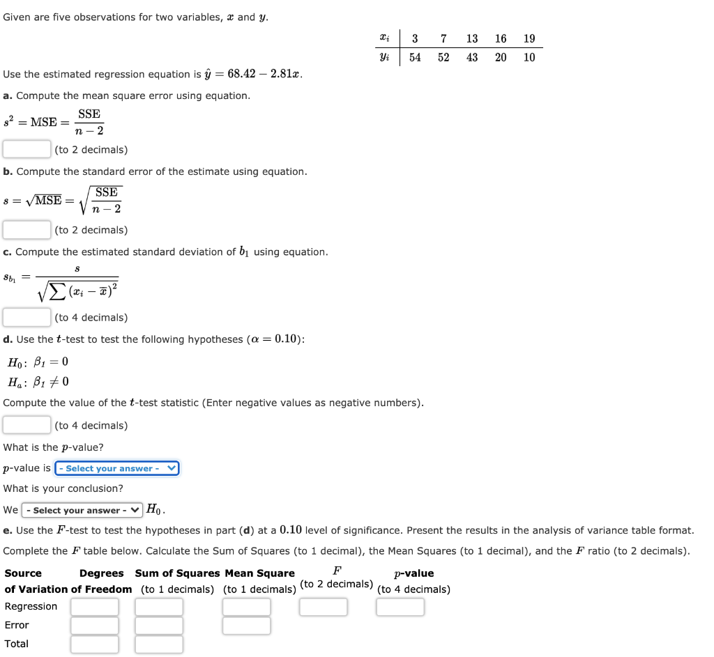 Solved Given Are Five Observations For Two Variables X A Chegg Com