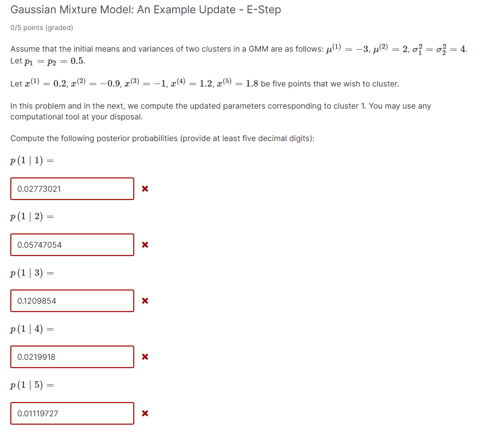 Gaussian Mixture Model: An Example Update - E-Step | Chegg.com