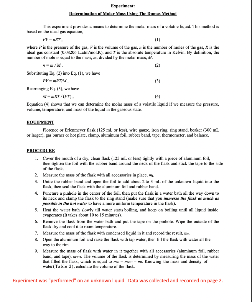 Solved Experiment: Determination Of Molar Mass Using The | Chegg.com