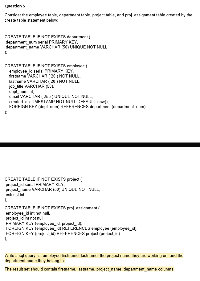 Solved Question 5 Consider the employee table, department | Chegg.com