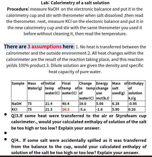 Solved Lab Calorimetry of a salt solution Procedure