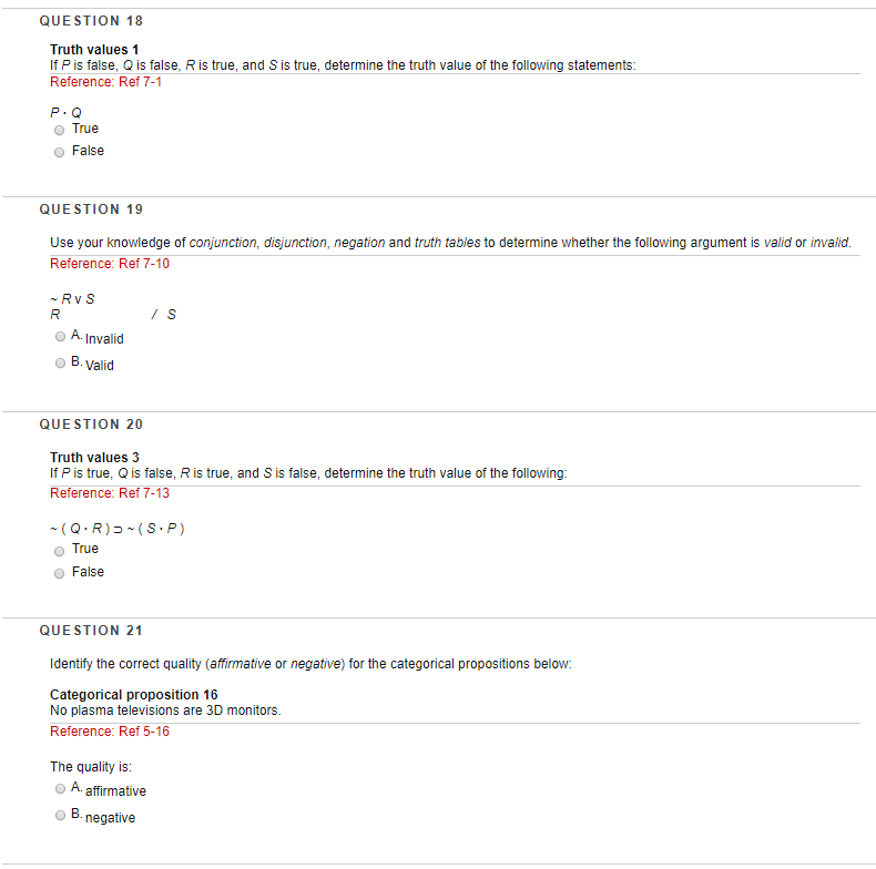 Solved QUESTION 18 Truth values 1 If P is false, Q is false, | Chegg.com