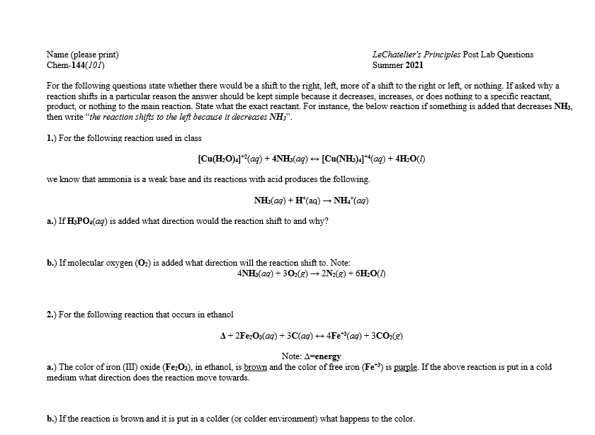 Solved Name (please Print) Lechatelier's Principles Post Lab 