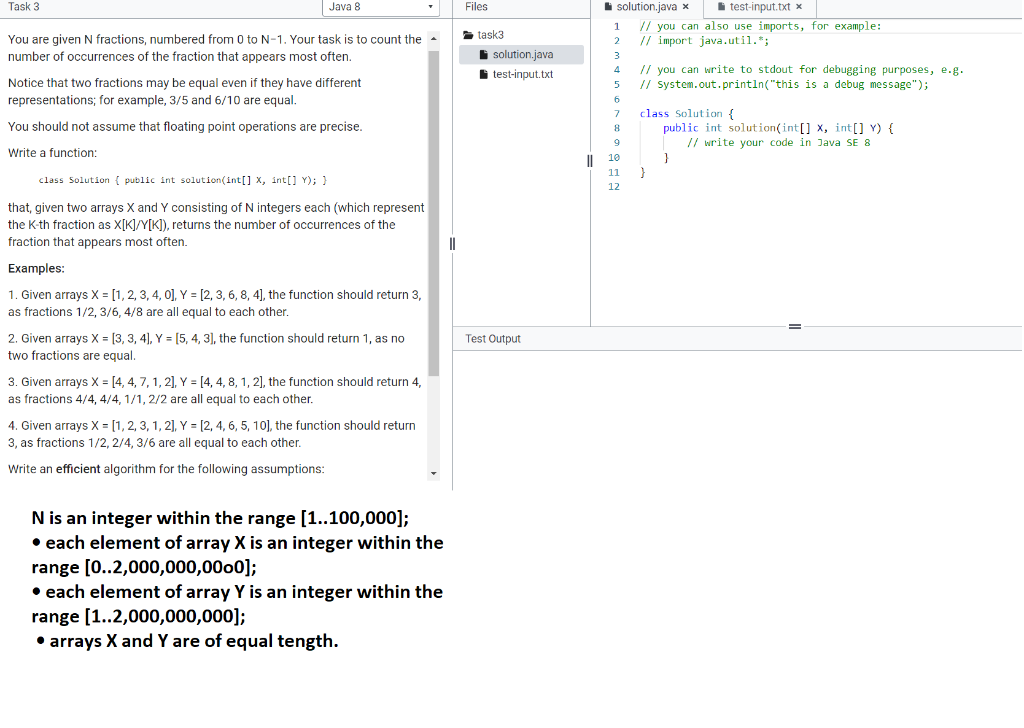 Solved Task 3 Java 8 Files solution.java x test-input.txt x | Chegg.com