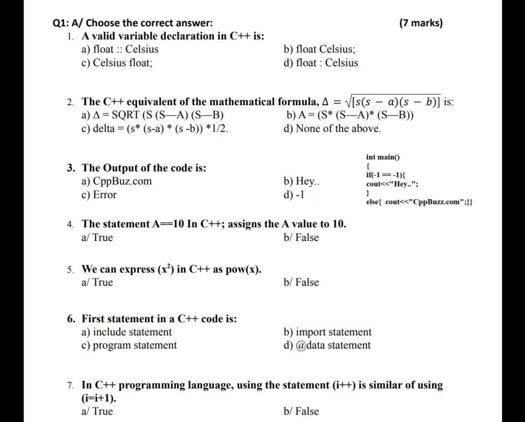 Solved (7 marks) Q1: A/ Choose the correct answer: 1. A | Chegg.com