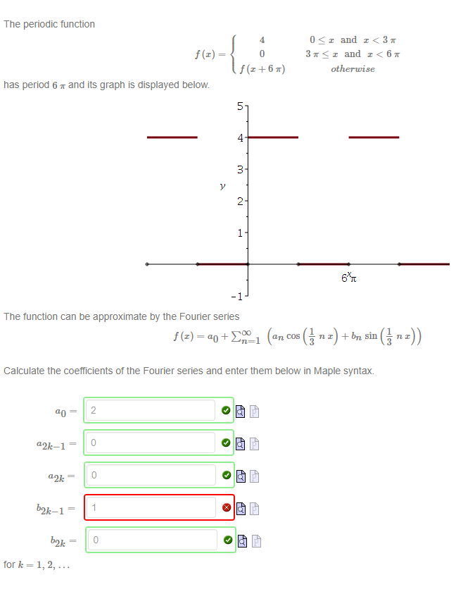 Solved The periodic function f(x)=⎩⎨⎧40f(x+6π)0≤x and | Chegg.com
