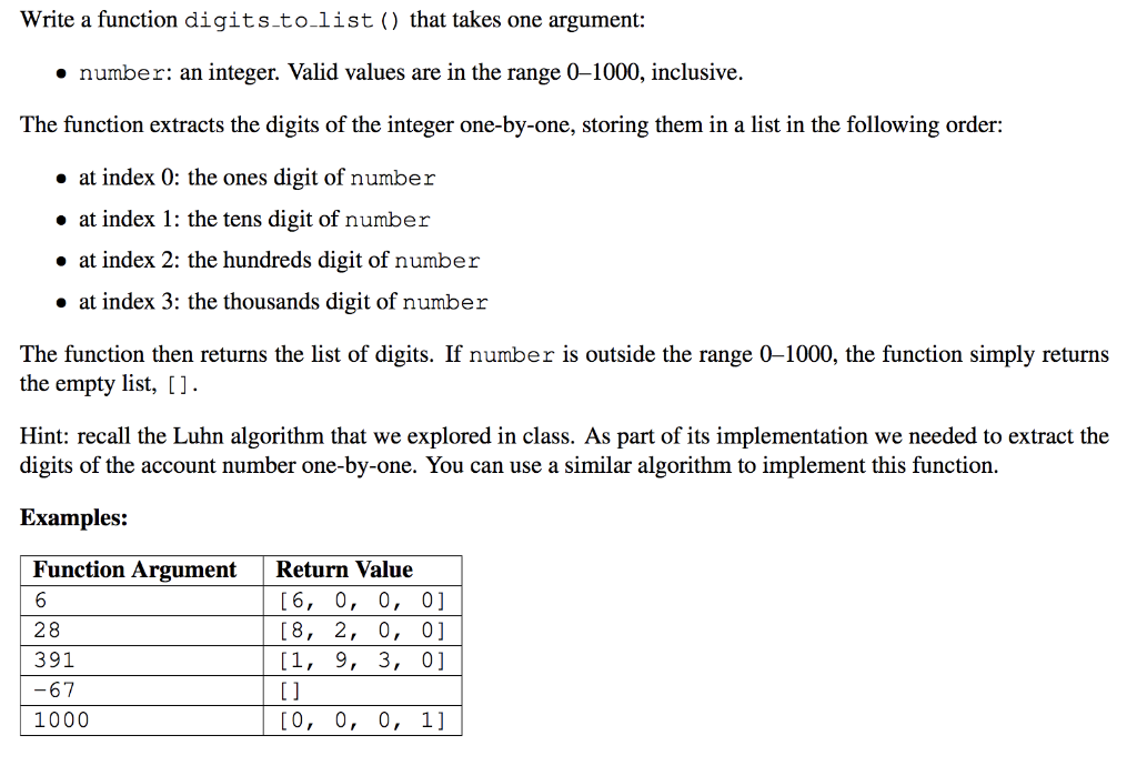 Solved Write a function digits.tolist ) that takes one | Chegg.com