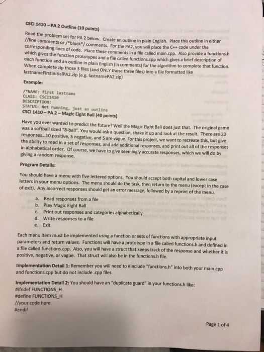 Solved CSCI 1410-PA 2 Outline (10 points) Read the problem | Chegg.com