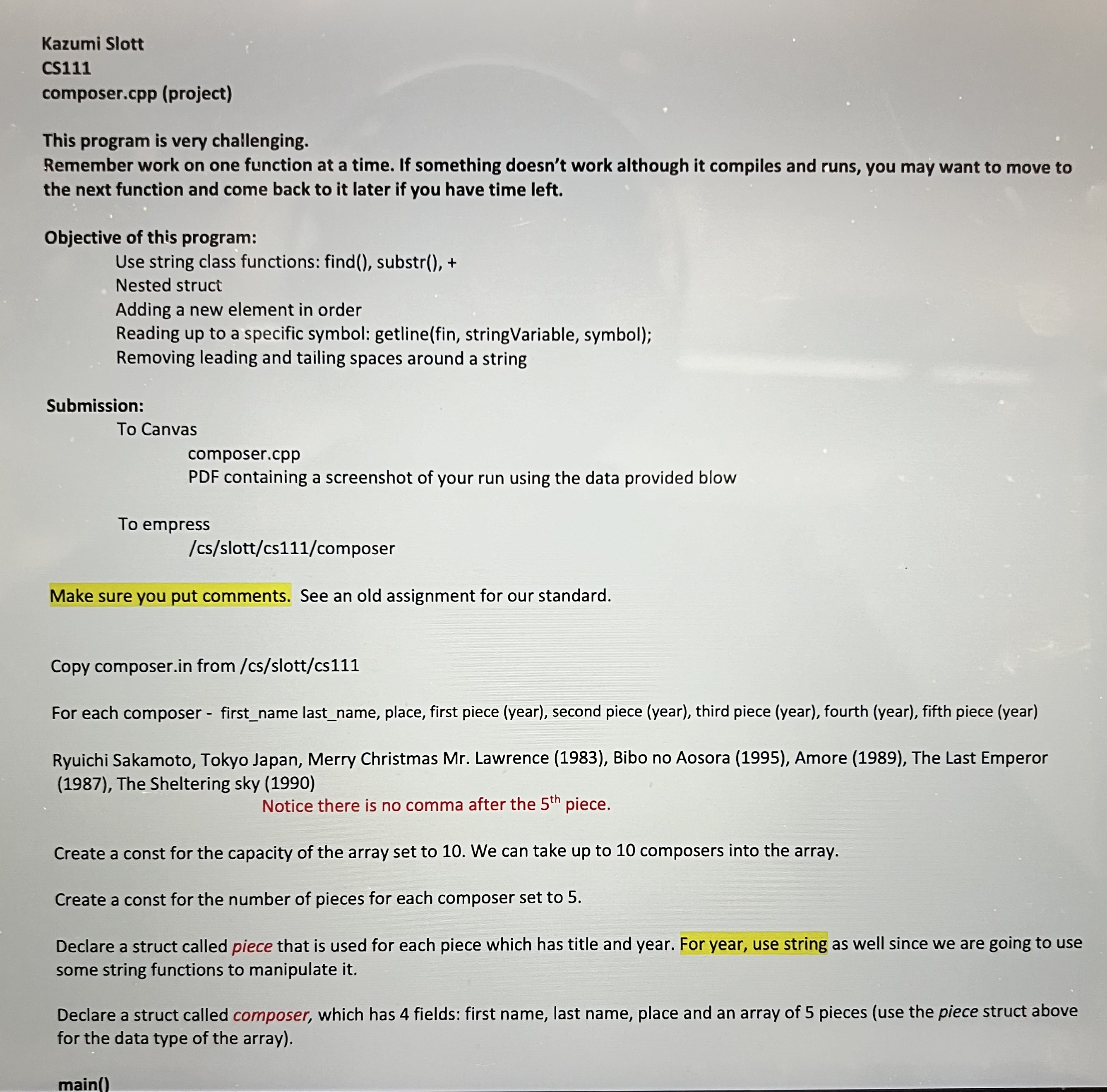 Solved Kazumi Slott CS111 composer.cpp (project) This | Chegg.com