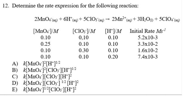 2. Determine the rate expression for the following reaction: