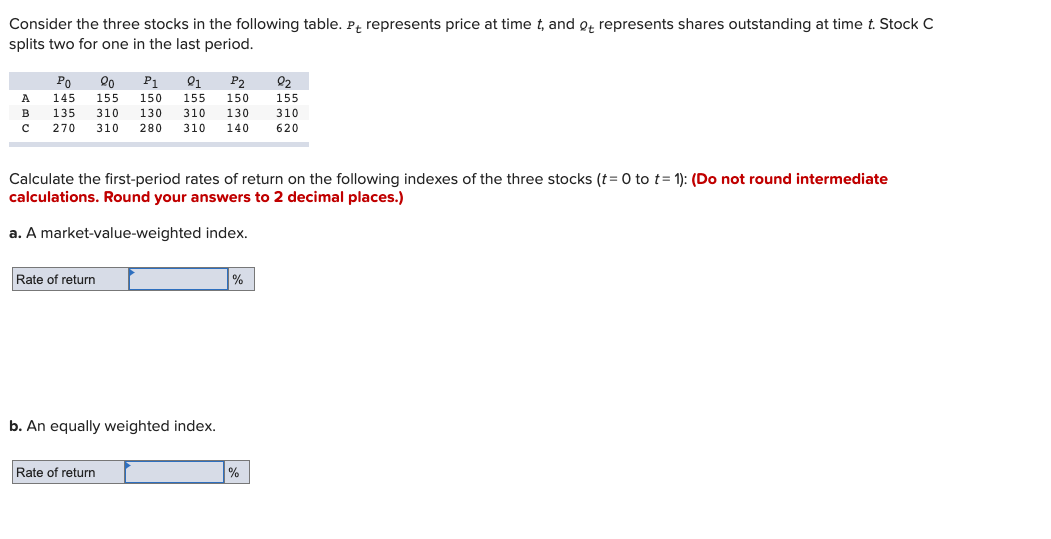 Solved Consider the three stocks in the following table. Pt | Chegg.com