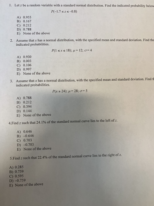 Solved 1. Let z be a random variable with a standard normal | Chegg.com
