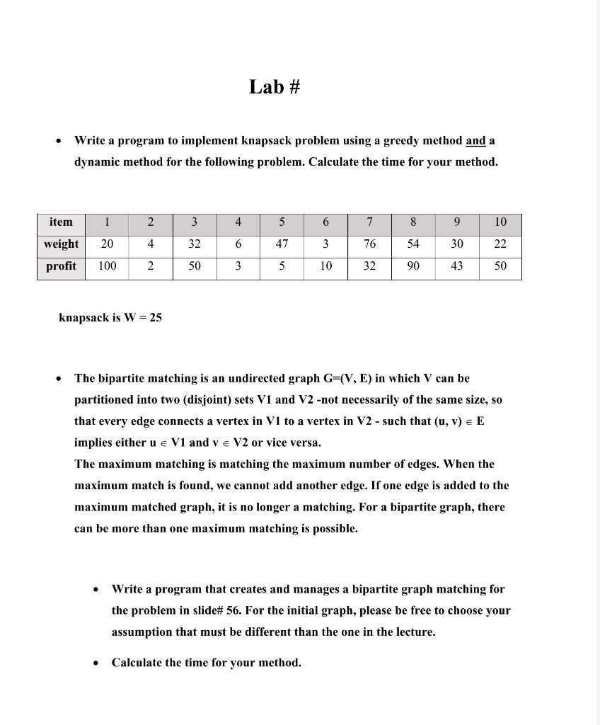 Lab # Write a program to implement knapsack problem | Chegg.com