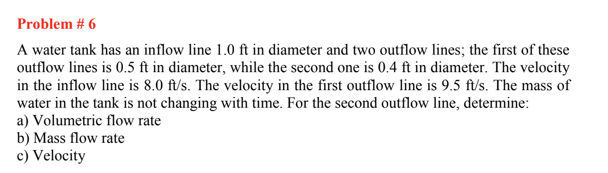 Solved Problem #6 A water tank has an inflow line 1.0 ft in | Chegg.com