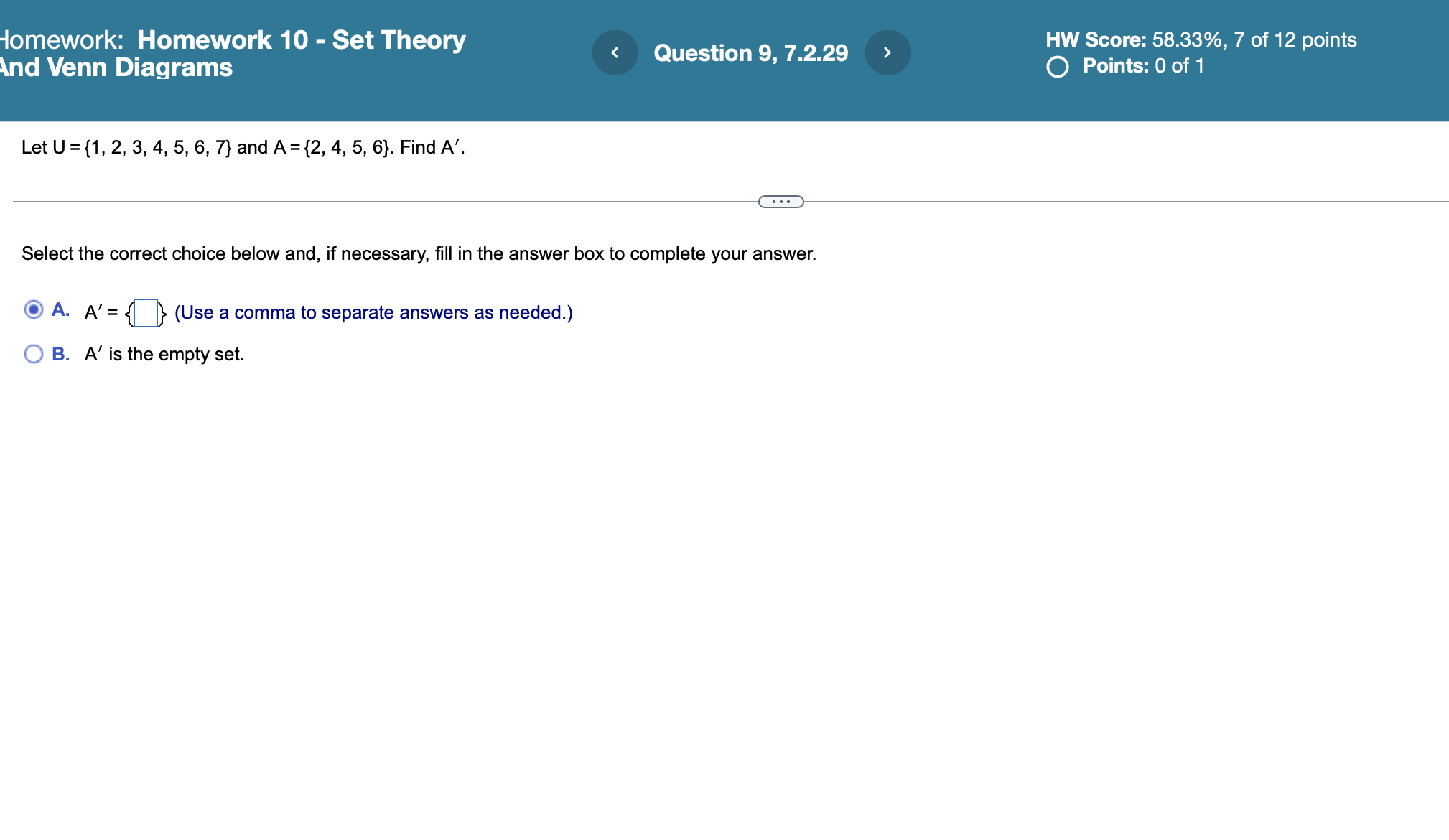 Solved Let U={1,2,3,4,5,6,7} And A={2,4,5,6}. Find A′. | Chegg.com