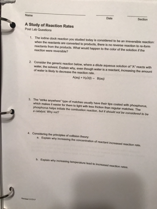 Solved Date Section Name A Study of Reaction Rates Post Lab | Chegg.com