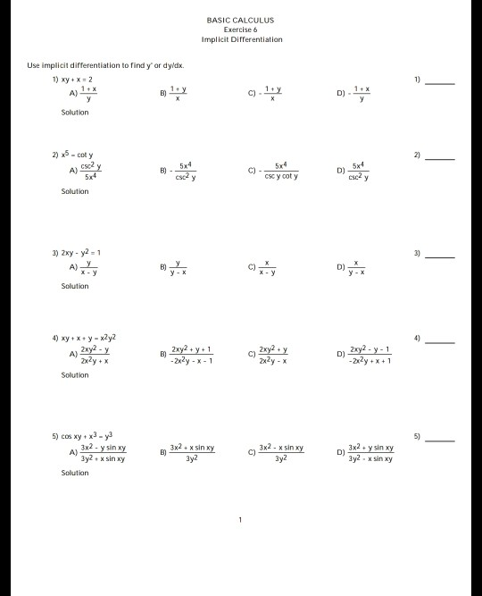 Solved BASIC CALCULUS Exercise 6 Implicit Differentiation | Chegg.com