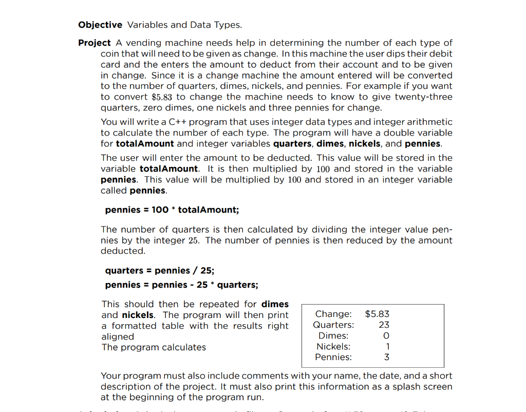 Solved Objective Variables and Data Types. Project A vending