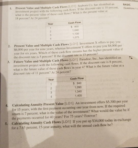 Solved Present Value And Multiple Cash Flows Lo1 Seaborn 6526