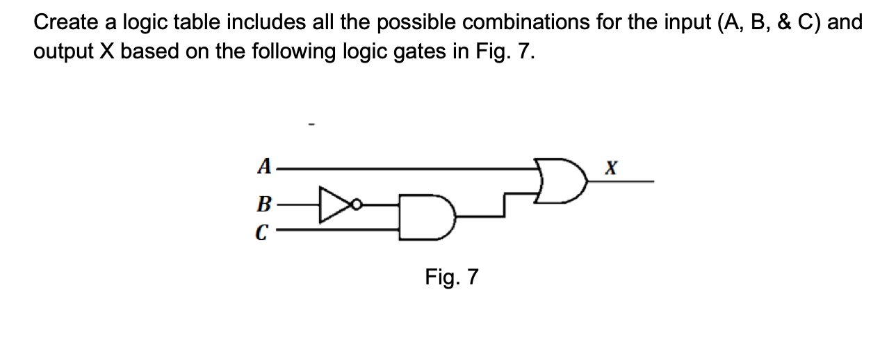 Create a logic table includes all the possible combinations for the input \( (A, B, \& C) \) and output \( X \) based on the