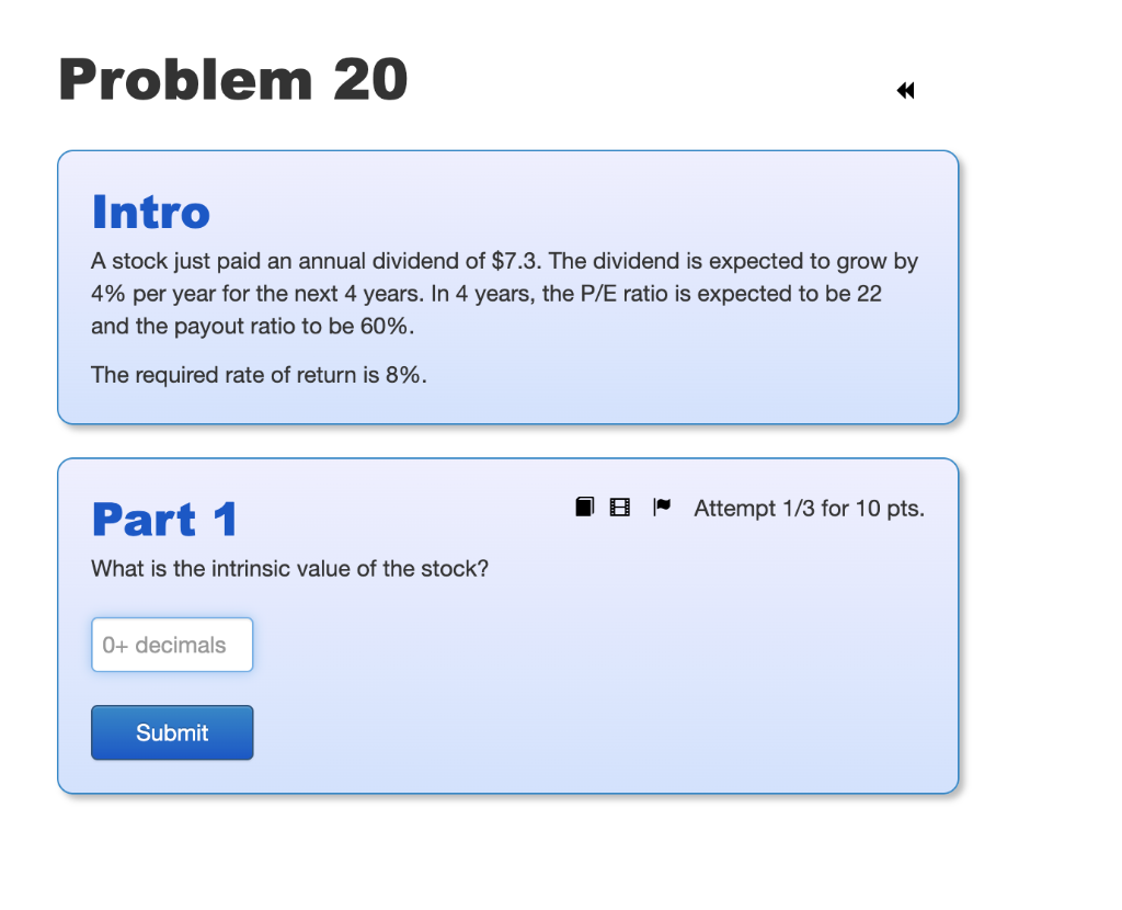 Solved Problem 20 Intro A stock just paid an annual dividend | Chegg.com