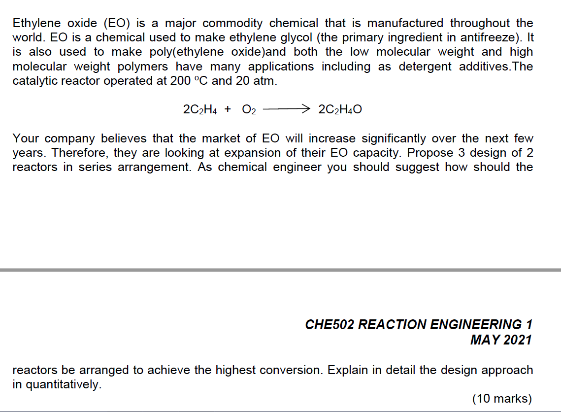 Solved Ethylene oxide (EO) is a major commodity chemical | Chegg.com