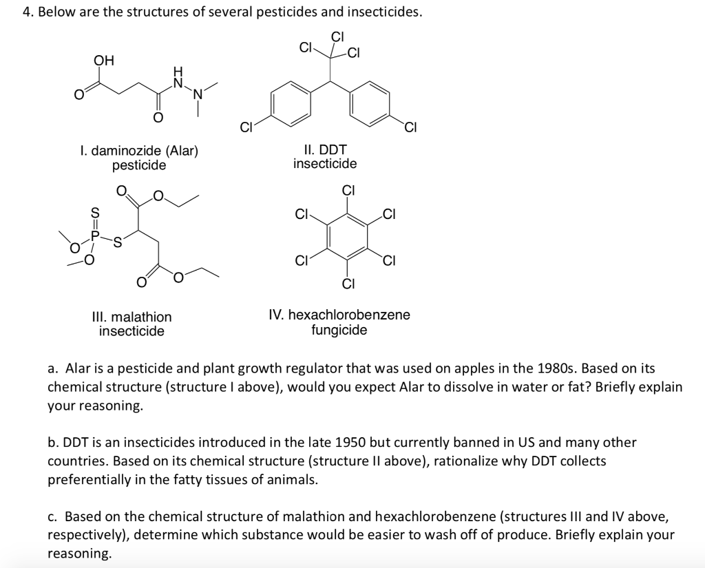 Solved 4. Below are the structures of several pesticides and | Chegg.com