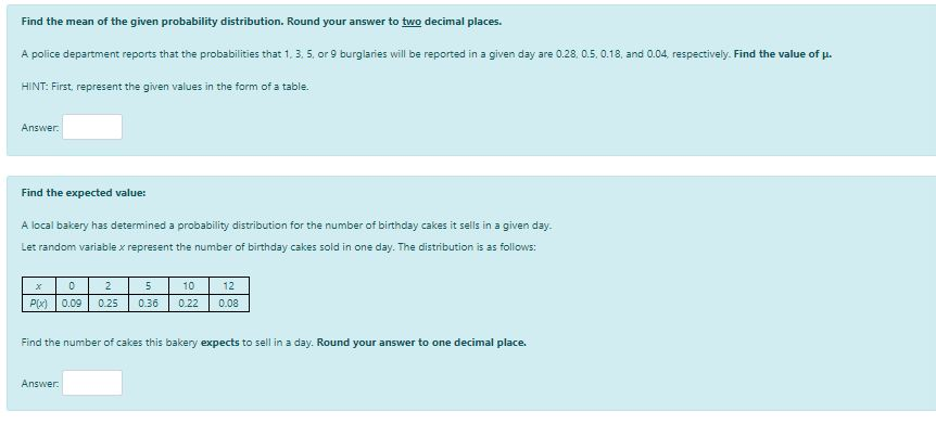 Solved Find the mean of the given probability distribution. | Chegg.com
