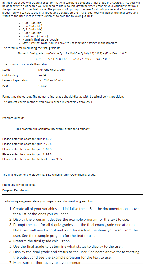 Solved In this project you will create a program that will | Chegg.com
