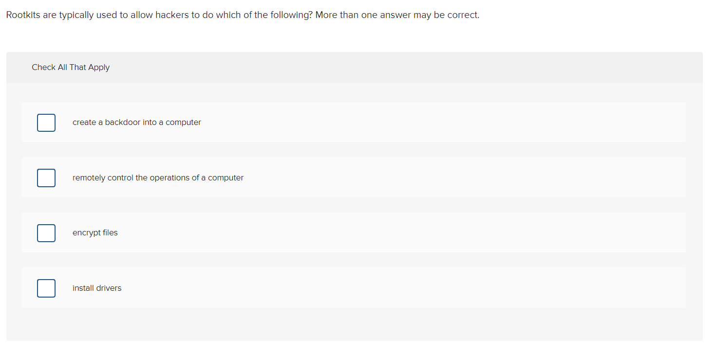 Solved Rootkits are typically used to allow hackers to do | Chegg.com