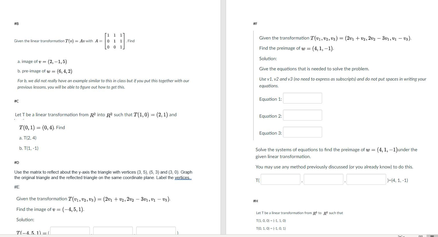 Solved #B #F 1 1 1 Given the linear transformation T(v) = Av | Chegg.com
