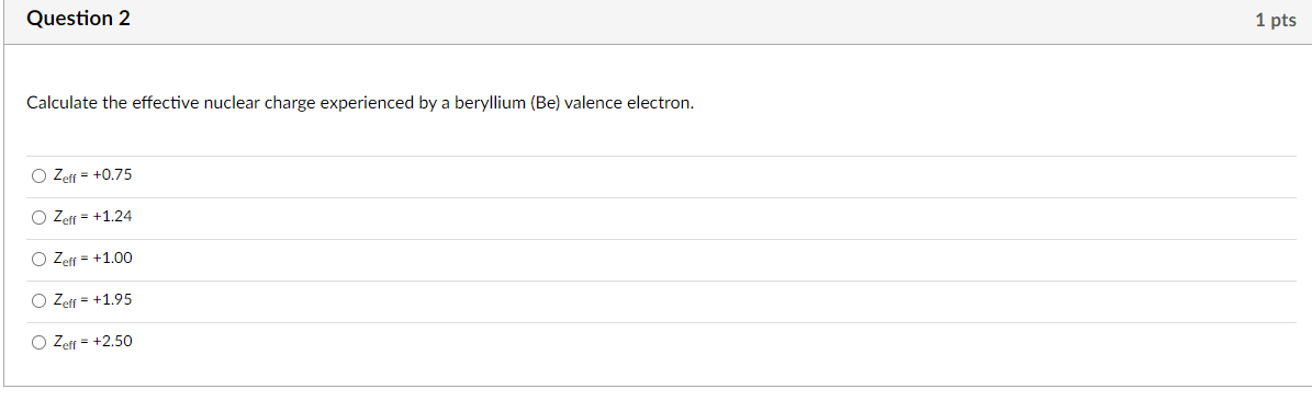 Solved Question 2 1 pts Calculate the effective nuclear | Chegg.com