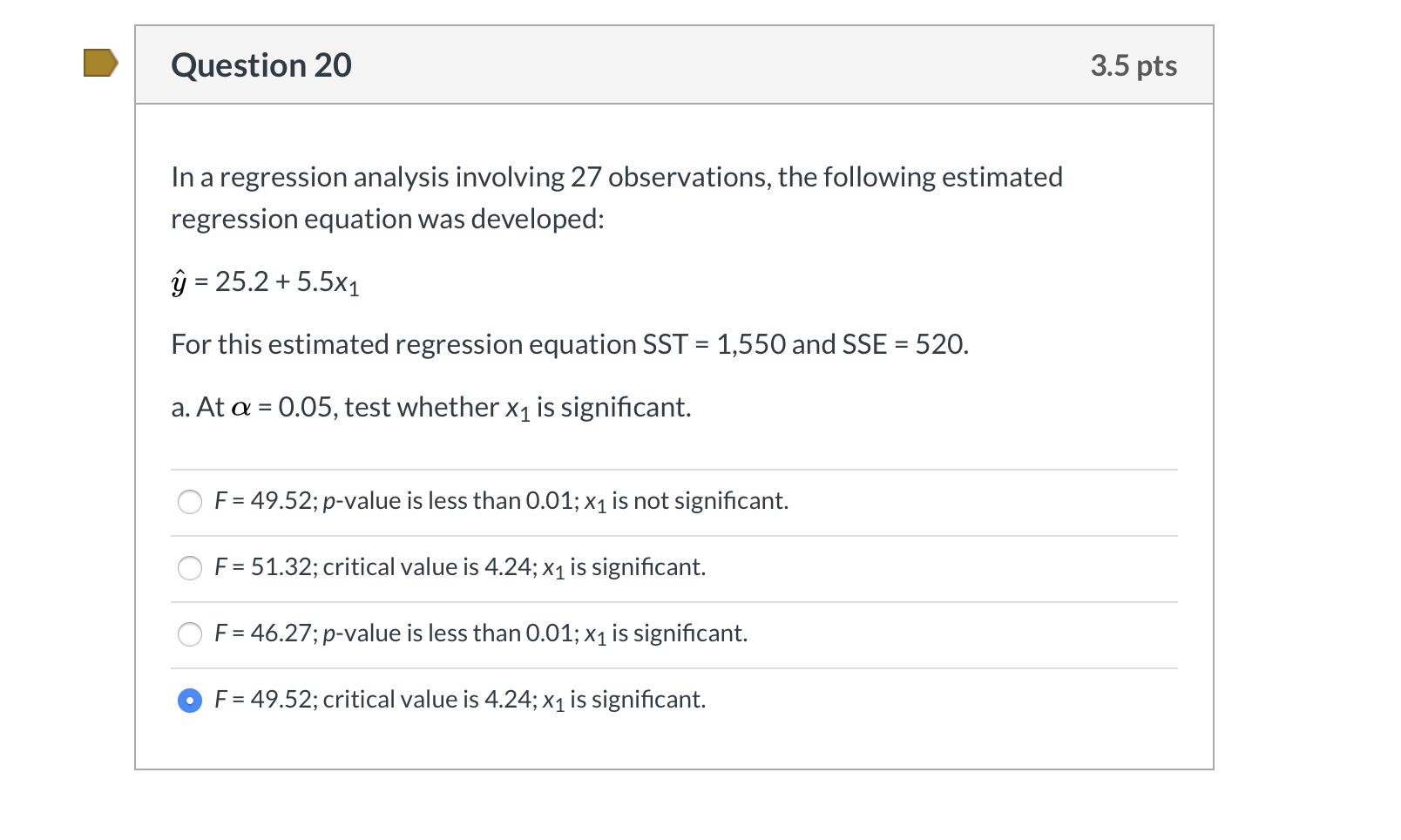 Solved Question 20 3.5 pts In a regression analysis | Chegg.com